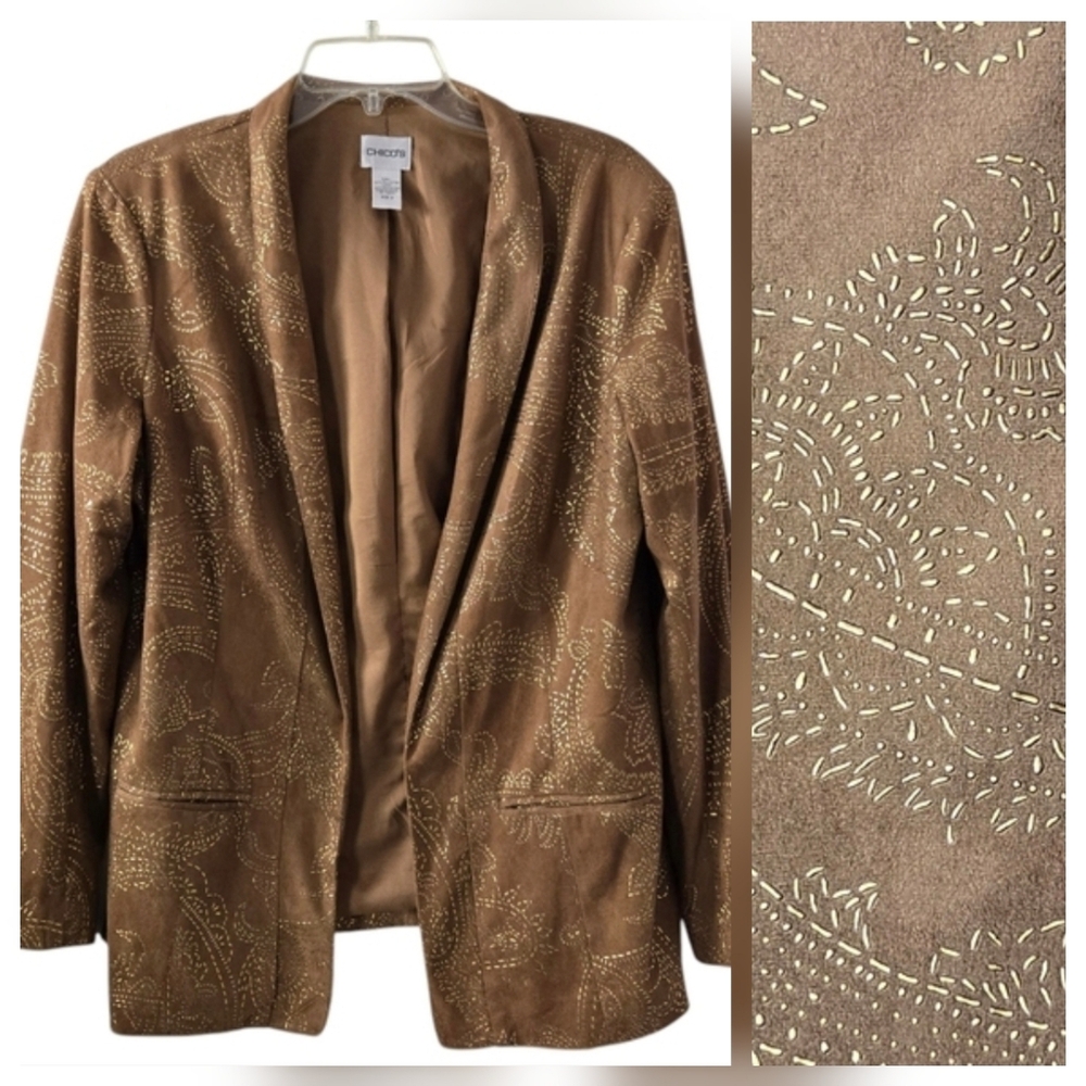 Chico's Golden Cascade Larant Brown Faux Suede Lined Jacket‎ Sz 2/ US Large/12